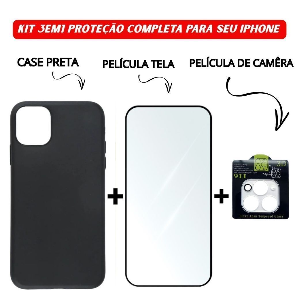 Kit 3 em 1 Case Preta + Vidro Temperado 3D + Película Câmera Compatível ...