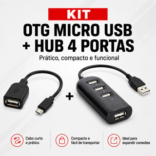 Kit Hub 4 Portas Extensor Usb + Cabo Otg Adaptador Micro Usb V8 Para Celular Mobilador Veloz