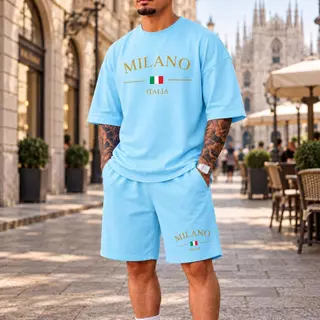Conjunto Masculino Camiseta e Short Elastano Milano Itália Casual 2 Peças Envio Imediato
