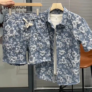 Verão novo estilo em relevo terno Casual masculino na moda rufião bonito camisa de secagem rápida Shorts de manga curta