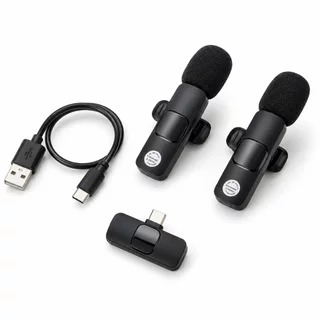 Kit 2 Microfones de Lapela Recarregaveis Sem Fio USB-C | Áudio Profissional | Plug & Play