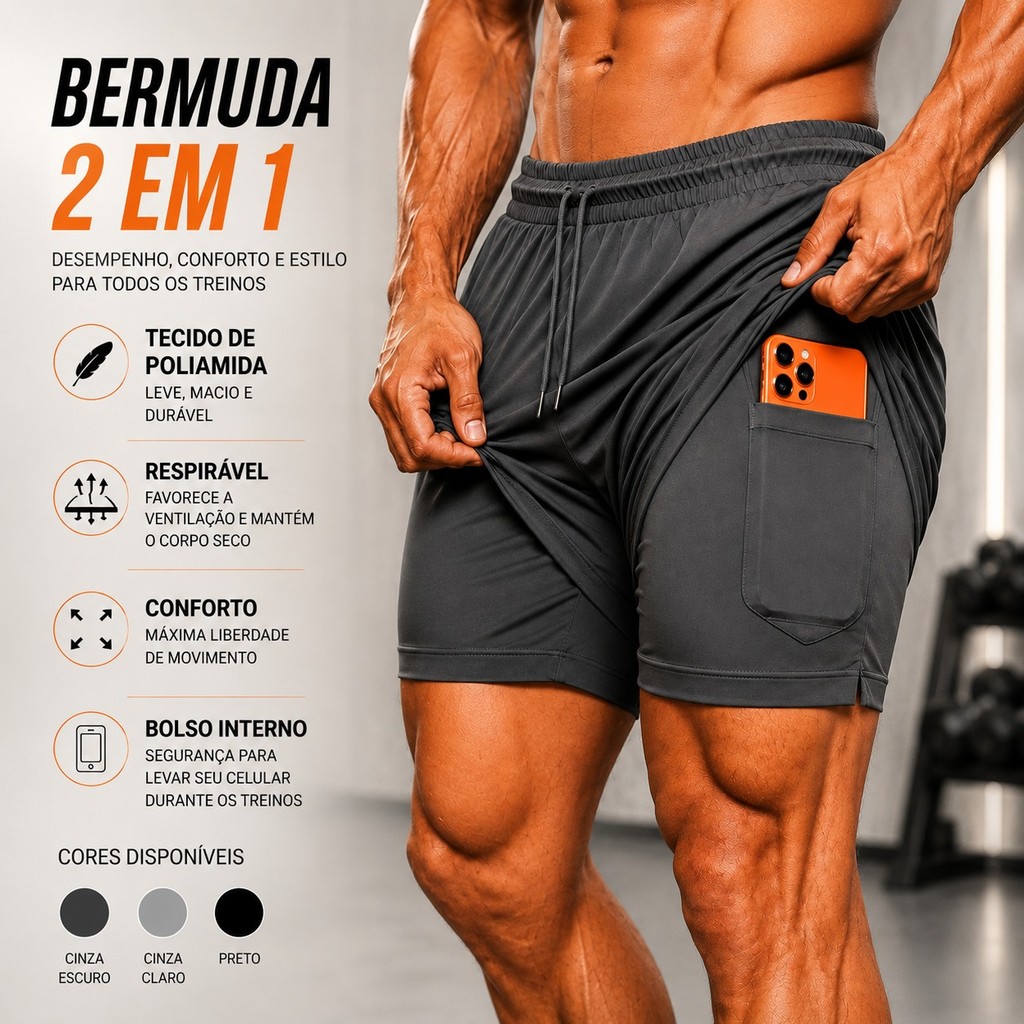 Shorts Bermuda Masculino 2 em 1 Em Poliamida Dry Fit Com Bolso Interno Corrida Treino