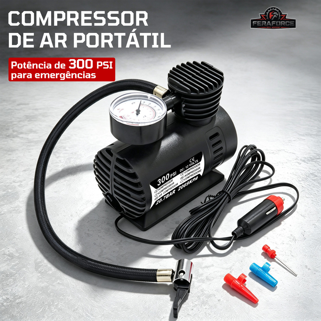 Compressor de Ar Portátil 12V 300PSI 35L/min para Pneus Carro Moto Bicicleta com Manômetro