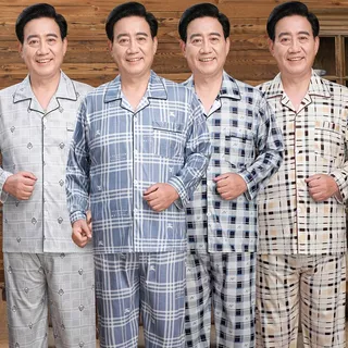 Pijamas masculinos de algodão puro, pijamas para idosos de meia-idade, cardigã Plus Size, primavera, outono, inverno, ca em Oferta na Shopee