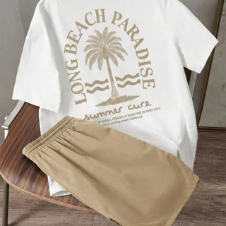 Kit Conjunto Masculino Camiseta Estampada Praia Algodão Premium Bermuda Linho Mauricinho Verão Casual Streetwear Juvenil