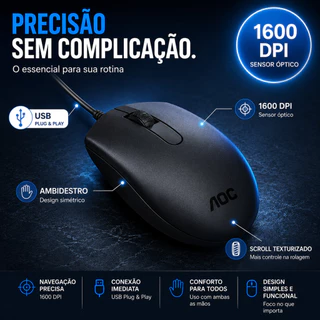 Mouse Com Fio Usb Preto Aoc Ms100 Ergonômico Óptico Office Computador Notebook Trabalho Estudos