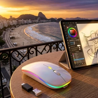 Mouse Sem Fio USB Recarregável LED RGB Design Anatômico Confortável Silencioso