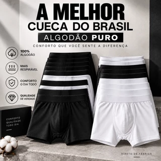 Kit 6 Cuecas Boxer Pretas ou Brancas Algodão Premium com Elastano