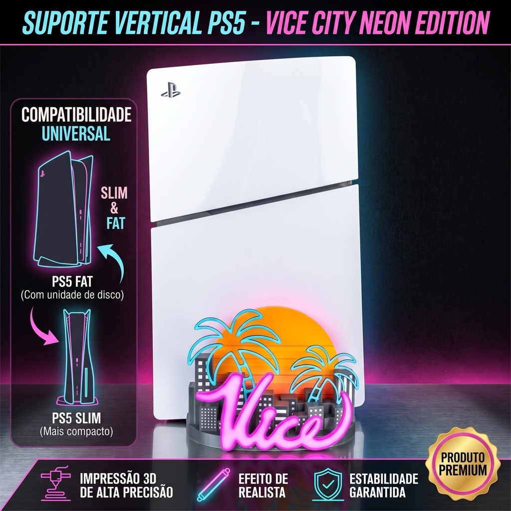 Suporte Vertical PS5 (Slim e Fat) Tema Vice City Neon – Inspirado em GTA V e GTA VI
