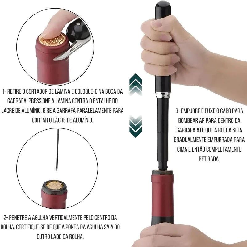 Abridor de Vinho Pneumático 2 em 1 com Agulha Inox e Cortador de Lacre miniatura 5