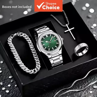 Caixa De Prata Masculina Mostrador Verde Pulseira De Aço 4 Peças Conjunto De Relógio Negócios Nautilus Com Corrente Cuba