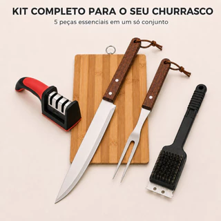 Kit Churrasco Premium 5 Peças Faca, Garfo, Tábua de Bambu, Afiador e Escova Limpa Grelha