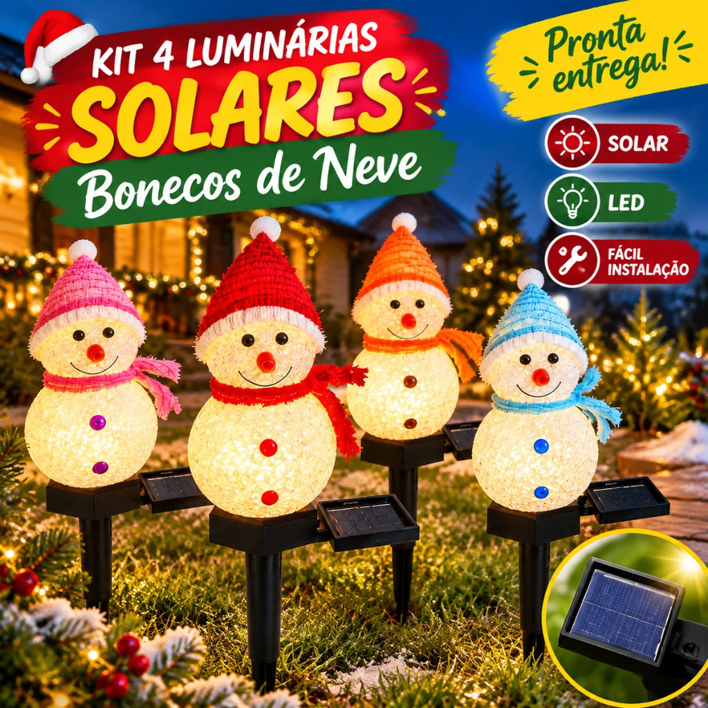 Kit 4 Luminárias Solares Natalinas Bonecos De Neve LED Para Jardim E ...