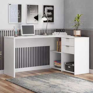 Escrivaninha Mesa Escritório em L Office Nt 2060 2 Gavetas 3 Nichos 148,6cm Branco New Branco New