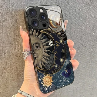Arte Sol Pessoa Lua Padrão Caso De Vidro Temperado Para iPhone 17 16E 15 14 13 12 11 Pro Max Plus XS Capa