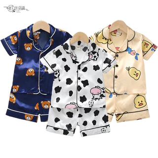 Conjunto de Pijamas de Seda de Verão para Meninos e Meninas, Pijamas de Cetim Infantil com Mangas Curtas + Shorts BJUS em Oferta na Shopee