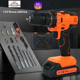 Parafusadeira Furadeira Elétrica 12V Sem Fio Bivolt 13 Pçs C/ Maleta e 1 Bateria Profissional