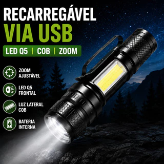 Lanterna Tática Recarregável USB LED Q5 COB Zoom 3 Modos com Clipe
