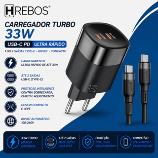 Carregador Hrebos PD 30W/33W USB-C Turbo Rápido Bivolt 1 ou 2 Saídas Tipo C com Cabo Original