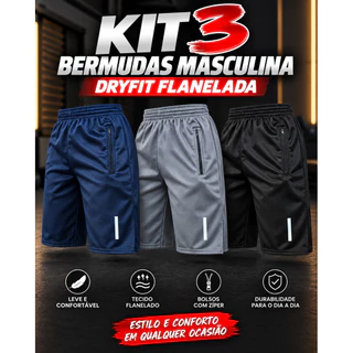 Kit 3 Bermuda Masculina Poliéster Flanelada Esportiva Perfeita Para o Dia a Dia, Academia, Corrida