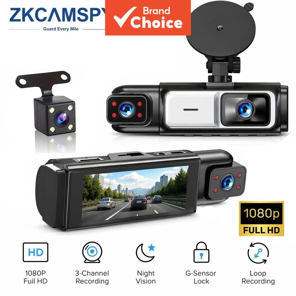 ZKCAMSPY 3 Canais 1080P Dash Cam IR Visão Noturna G-Sensor