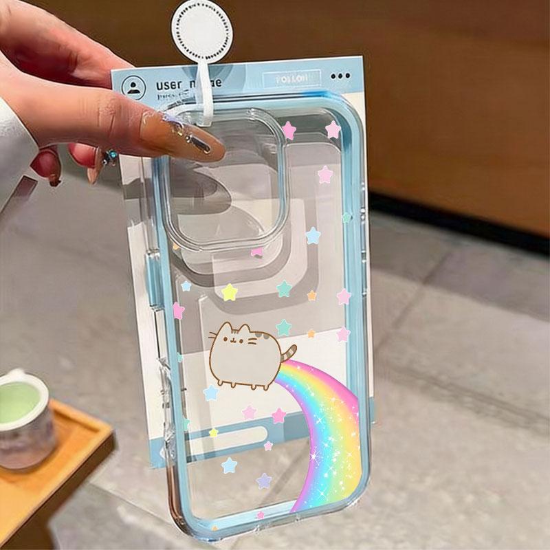 Capa de telefone transparente transparente Girl Fat Cat Rainbow Star ...