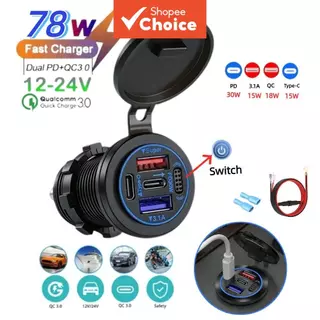 Carregador Rápido De Carro Usb-c 12-24v À Prova D'água Pd30w Qc3.0 4 Portas Para Motocicleta Rv Caminhão Marinho