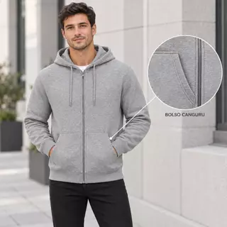 Moletom Adulto Liso com Zíper Frontal Capuz e Bolso Canguru