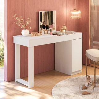 Escrivaninha Mesa Escritório Penteadeira 121cm com Espelho 1 Porta Love Branco