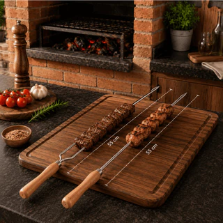 Kit 2 Espetos Simples e Duplo 55cm Para Churrasco Aço Cabo Madeira Utensílios Churrasqueira Oferta