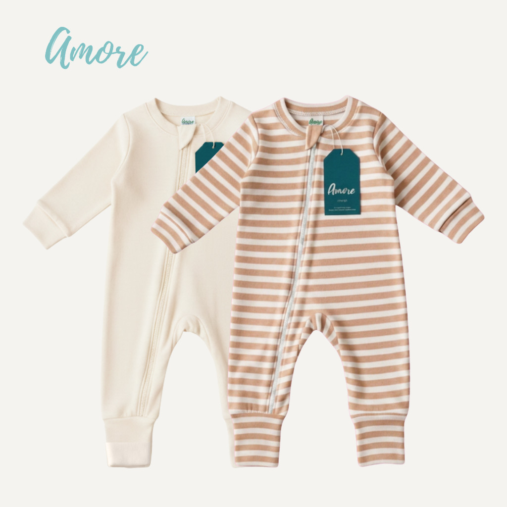 Kit 2 Macacão longo para Bebê Amore Listrado Marrom e Bege 100% Algodão
