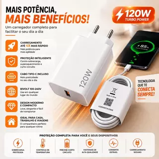 Carregador Turbo 120W USB-C Carga Rápida + Cabo Tipo-C Bivolt