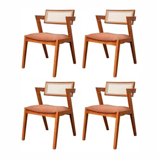 Kit 4 Cadeiras Madeira Maciça, Rattan de Fibra 100% Natural e Estofada Verona Espresso Móveis Champagne/Couro Marrom