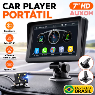 Multimídia para Carro MP5 Portátil Player Bluetooth CarPlay Android Auto com Câmera de Ré 8 LEDs para Carro