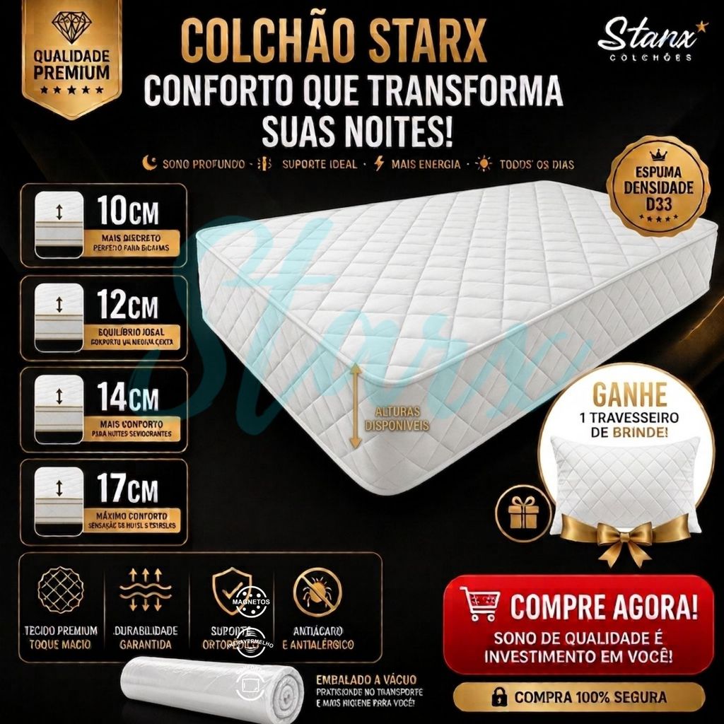 Colchão Solteiro D33 + Travesseiro Espuma Firme Confortável Pillow Top Premium 88x188 10cm 12cm 14cm 17cm