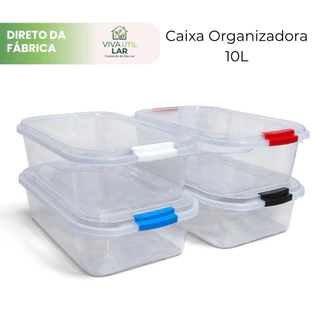Caixa Organizadora 10L Transparente Trava Colorida Brinquedo Organização Remedio Documentos