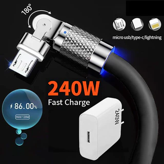Cabo de carregamento giratório 240W, 180° Giratório Liga Alumínio Navios Brasil Compatível iPhone iOS Tipo C Micro USB