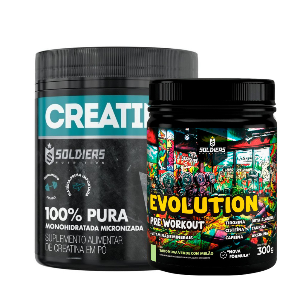 Kit Creatina Monohidratada + Pré Treino Evolution 300g  Aminoácidos Essenciais - Soldiers Nutrition