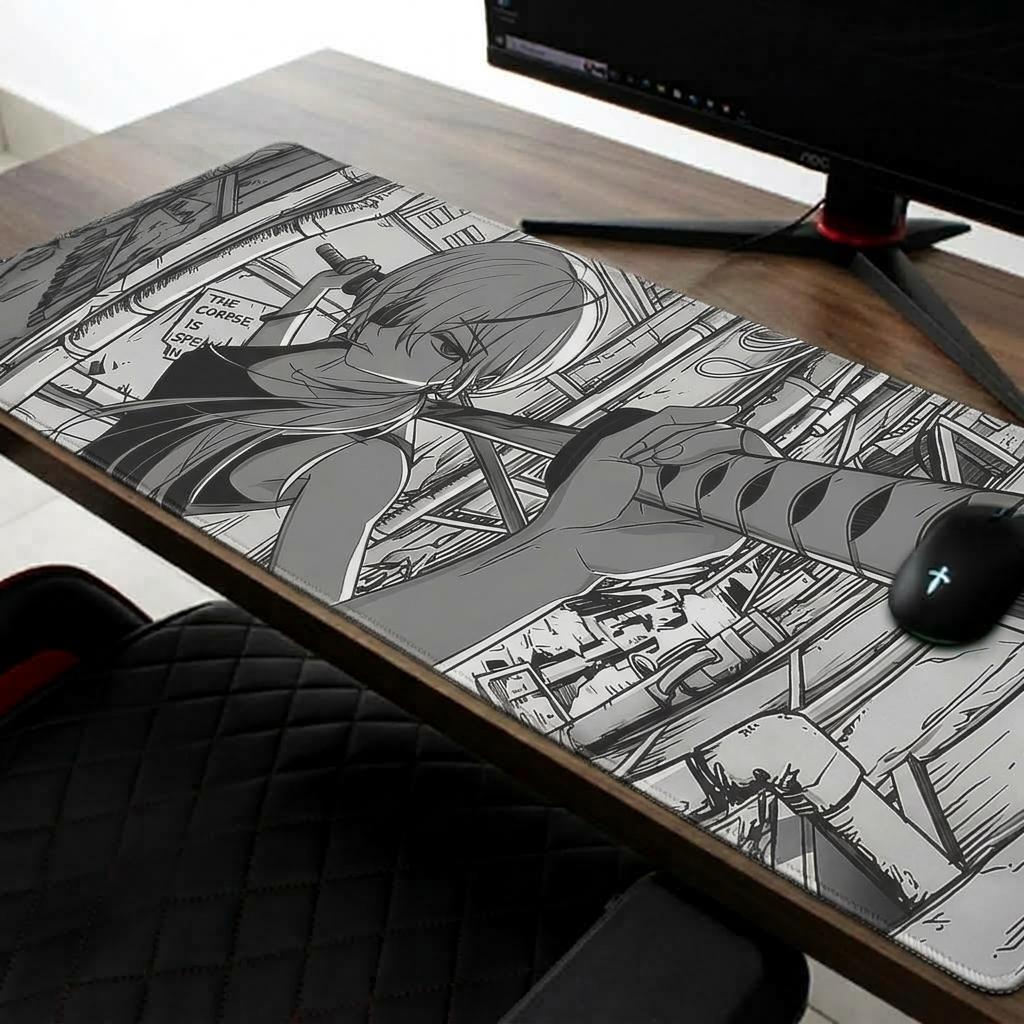 Mouse Pad Anime Minimalista Preto e Branco, Tapete de Mesa Antiderrapante com Borda Costurada Refinada 80cmX30cm