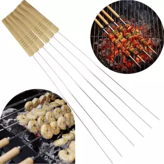 10 Espeto Churrasco 40 Cm Inox Grande Com Ponta Cabo Madeira