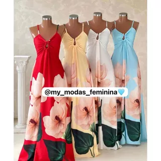 Vestido Feminino Tropical Longo Florido Sem Manga Moda Elegante Verão Soltinho Gringa Casual Dia a Dia em Oferta na Shopee