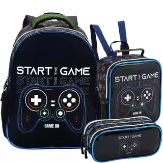 Kit Mochila de Costas Escolar Menino Gamer C/ Estojo Lancheira Térmica Material Resistente Acolchoada Estudo