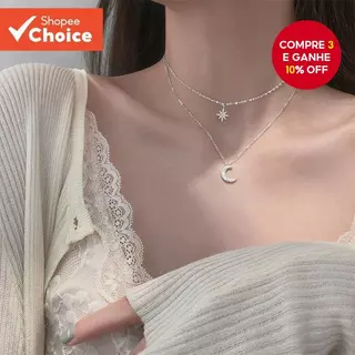 Colar De Lua Estrela De Prata Para Mulheres – Corrente De Clavícula De Camada Dupla Com Pingente De Brilho Moderno em Oferta na Shopee