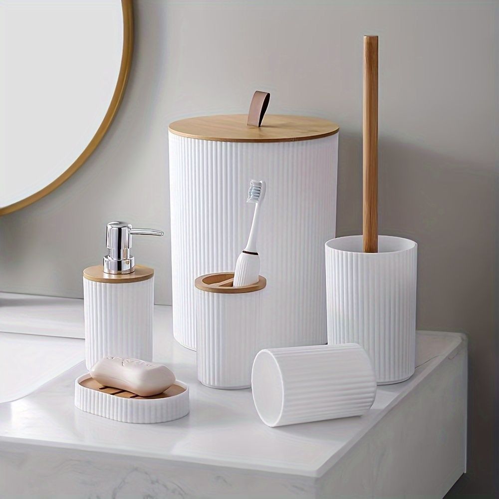 Oferta Conjunto De 6 Utensilios Para Banheiro Lixeira Saboneteira Porta escova Bambu Kit Lavabo 4 Unidades Decoração
