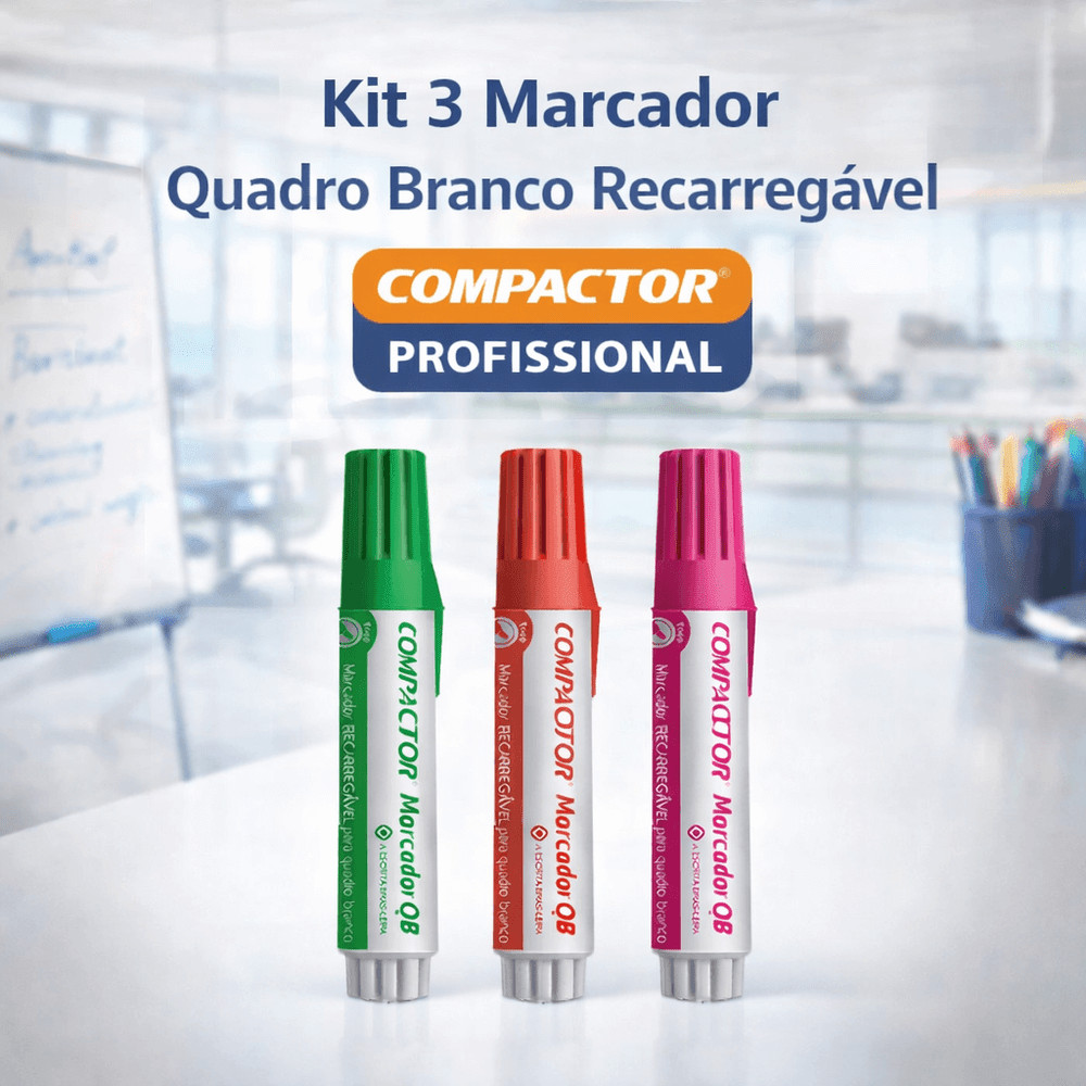 Kit 12 Marcador Quadro Branco Recarregável Compactor QB Profissional Ponta Cônica Caneta Lousa
