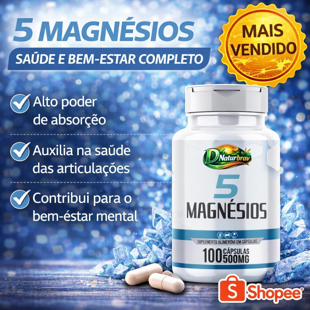 5 Magnésios 100 cápsulas de 500mg (magnésio Quelato, Malato, Turato ...