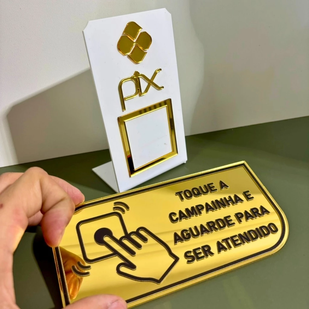 Kit Placa Pix Personalizada Qr Code + Placa Campainha Identificação Balcão Acrílico Espelhado - Imagem 2