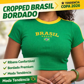Cropped Brasil Feminino Bordado Ribana Camiseta Cropped Seleção Brasil Copa do Mundo Moda Tendência em Oferta na Shopee