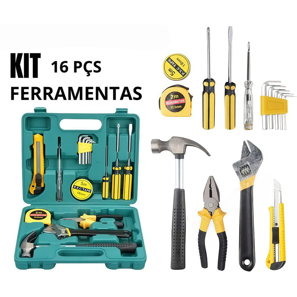 Caixa De Ferramentas Completa 16 Peças Maleta De Ferramentas Resistente Com Alicate Martelo Trena Fita Isolante E Chaves