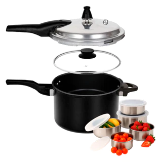 Panela De Pressão 2 Em 1 Brinox 5,4 Lts Ceramic Life 22cm Preta Com Jogo De Potes De Inox 5 Peças em Oferta na Shopee
